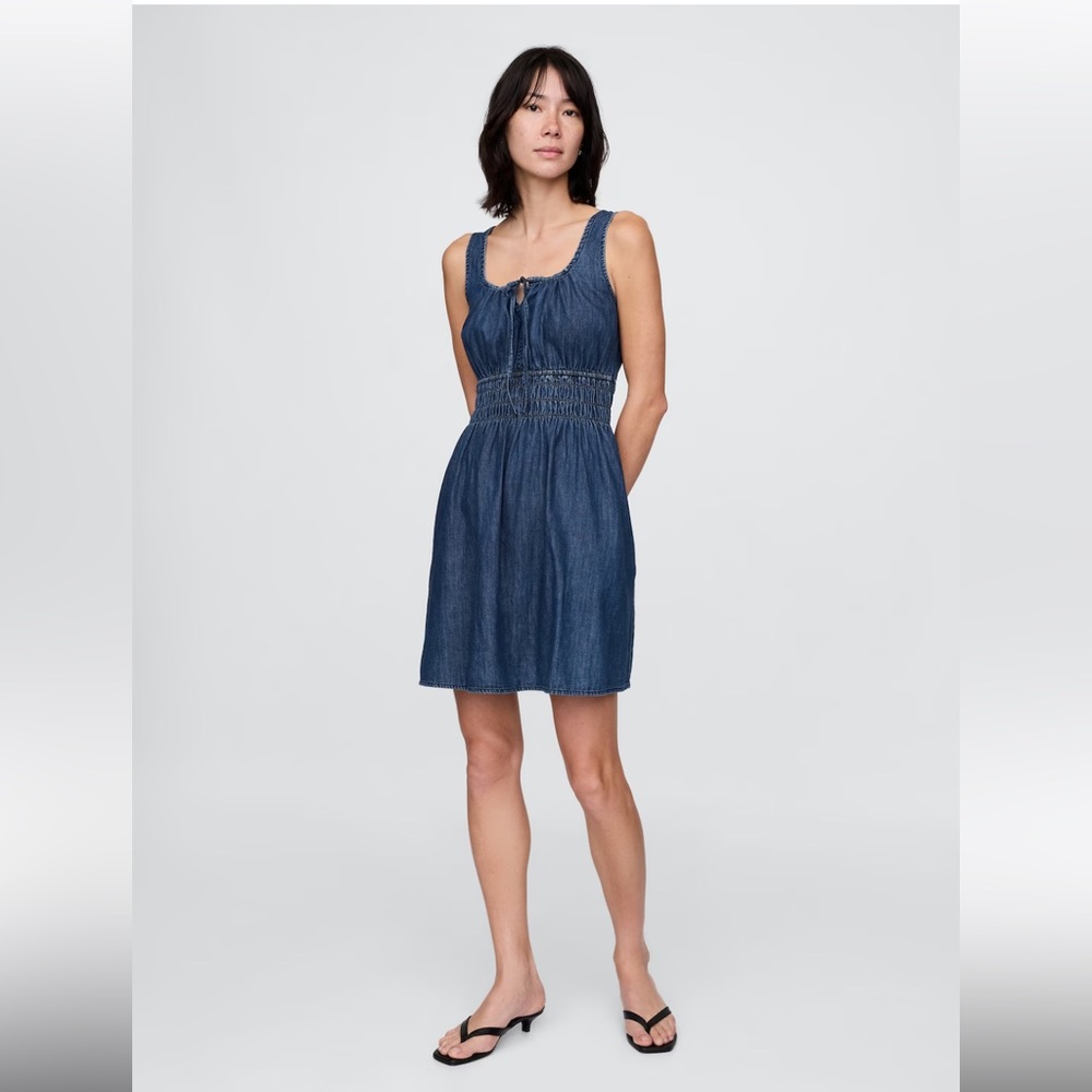 Denim Tie-Front Smocked Waist Mini Dress